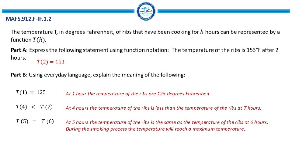 MAFS. 912. F-IF. 1. 2 At 1 hour the temperature of the ribs are