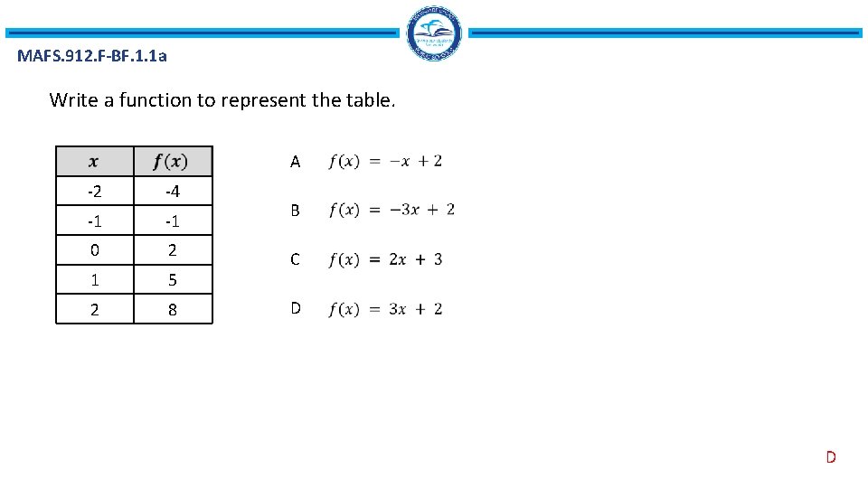 MAFS. 912. F-BF. 1. 1 a Write a function to represent the table. -2