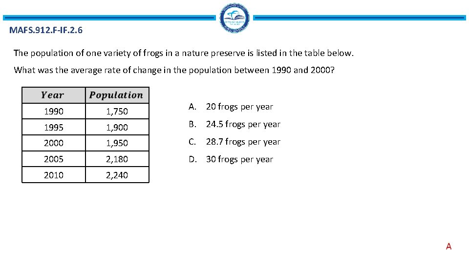 MAFS. 912. F-IF. 2. 6 The population of one variety of frogs in a