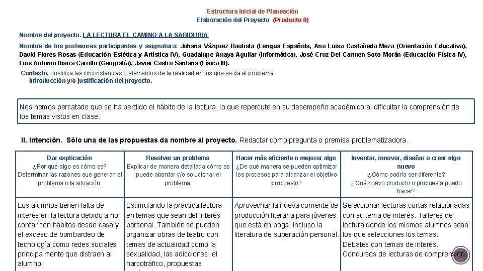 Estructura Inicial de Planeación Elaboración del Proyecto (Producto 8) Nombre del proyecto. LA LECTURA