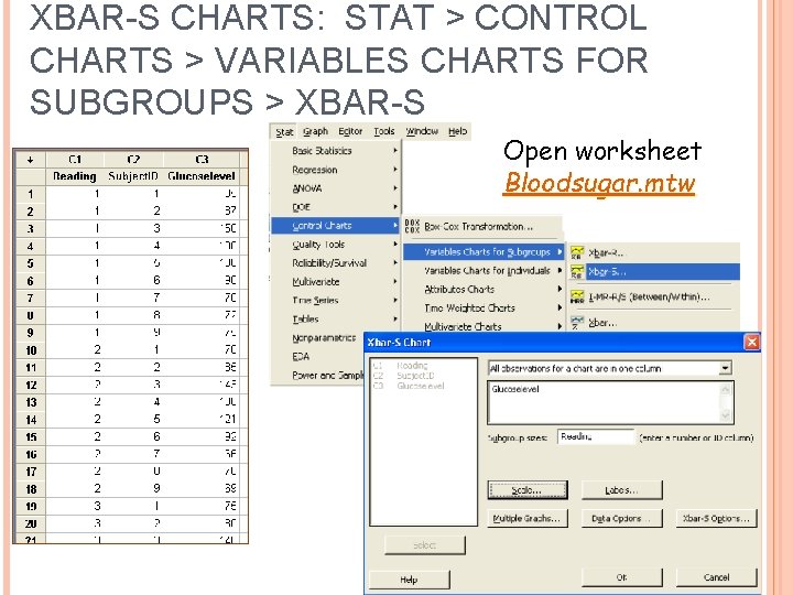 XBAR-S CHARTS: STAT > CONTROL CHARTS > VARIABLES CHARTS FOR SUBGROUPS > XBAR-S Open