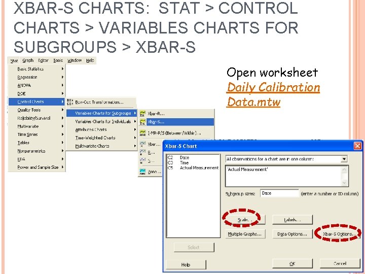 XBAR-S CHARTS: STAT > CONTROL CHARTS > VARIABLES CHARTS FOR SUBGROUPS > XBAR-S Open