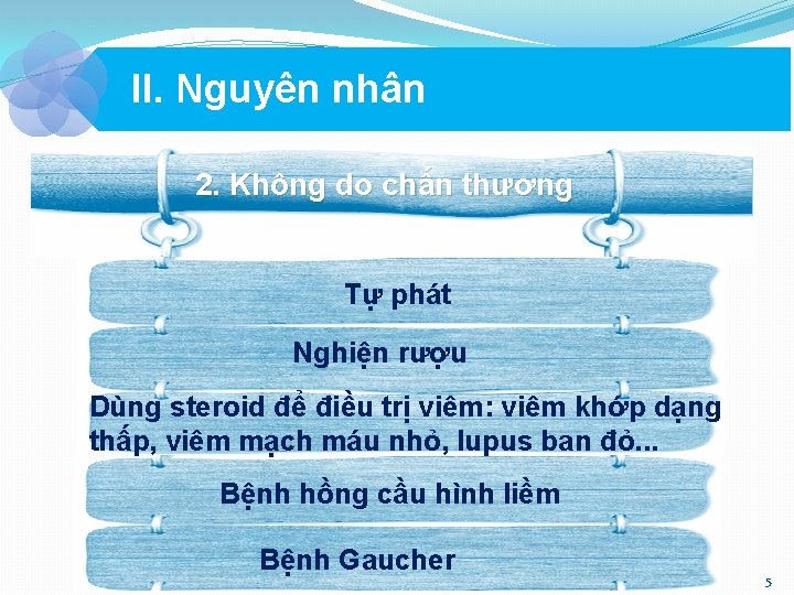 II. Nguyên nhân 2. Không do chấn thương Tự phát Nghiện rượu Dùng steroid