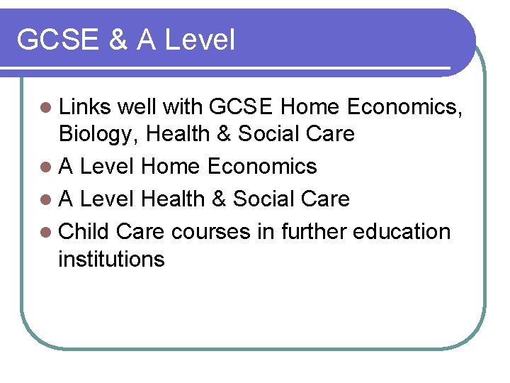 GCSE & A Level l Links well with GCSE Home Economics, Biology, Health &