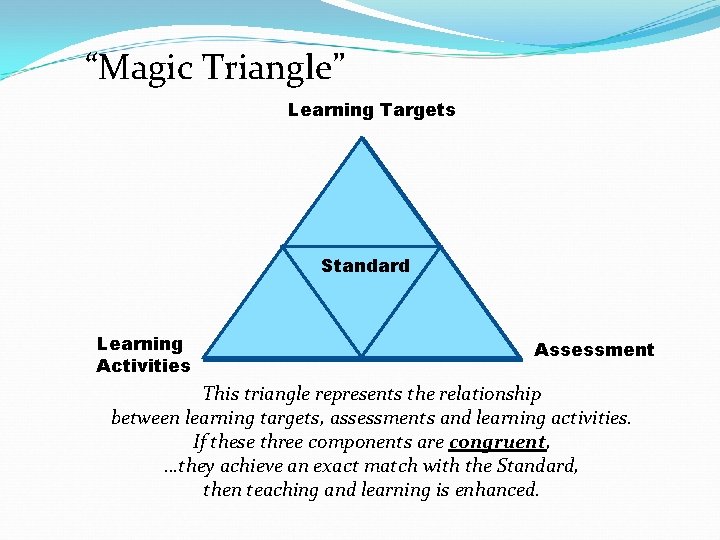 “Magic Triangle” Learning Targets Standard Learning Activities Standard Assessment This triangle represents the relationship
