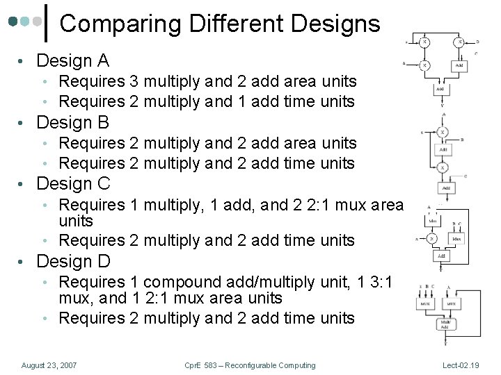 Comparing Different Designs • Design A • Requires 3 multiply and 2 add area