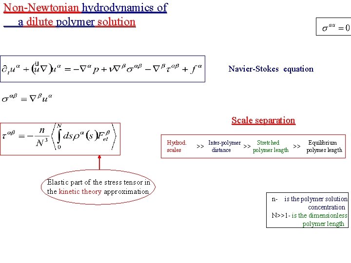 Non-Newtonian hydrodynamics of a dilute polymer solution Navier-Stokes equation Scale separation Hydrod. scales Elastic