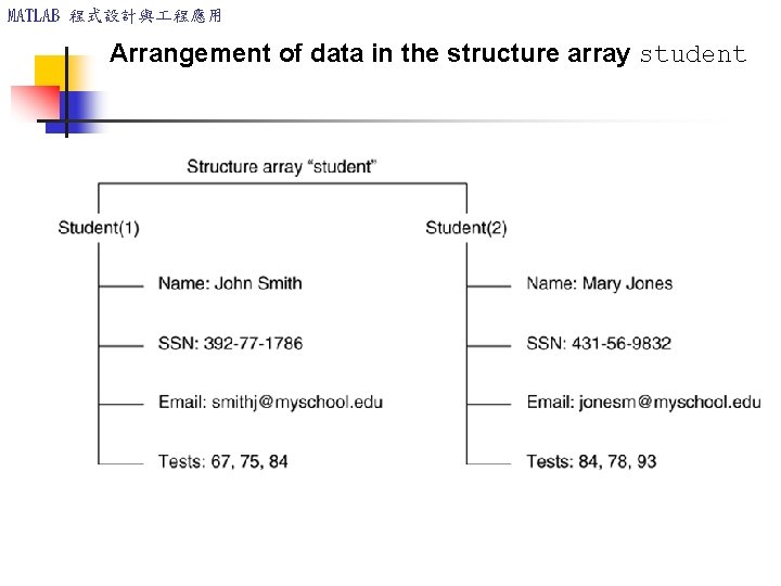 MATLAB 程式設計與 程應用 Arrangement of data in the structure array student 