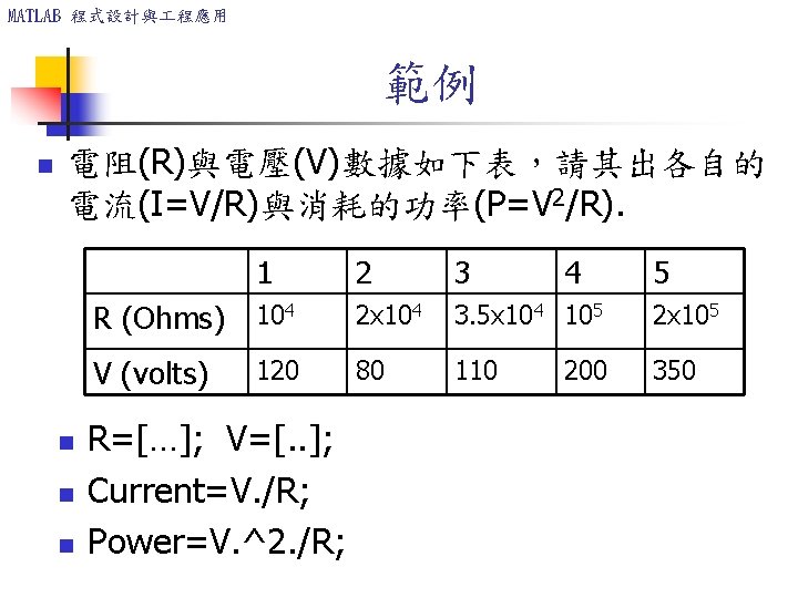 MATLAB 程式設計與 程應用 範例 n 電阻(R)與電壓(V)數據如下表，請其出各自的 電流(I=V/R)與消耗的功率(P=V 2/R). n n n 1 2 3