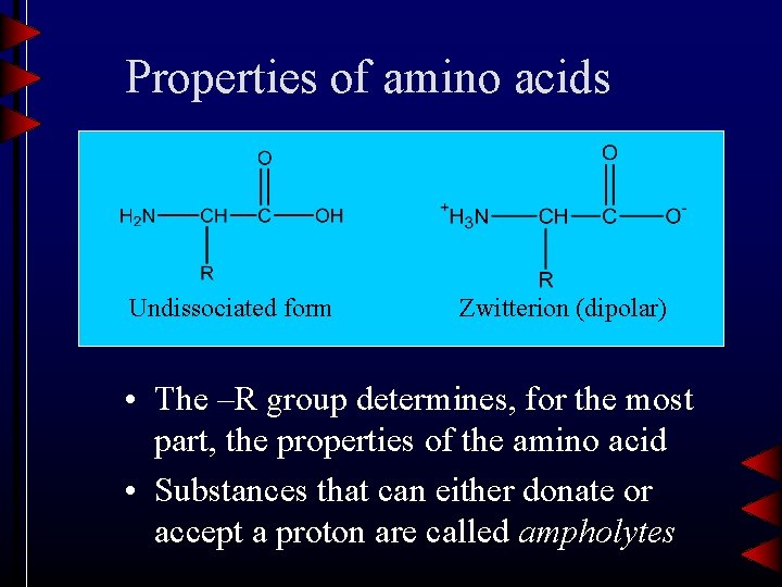Properties of amino acids Undissociated form Zwitterion (dipolar) • The –R group determines, for