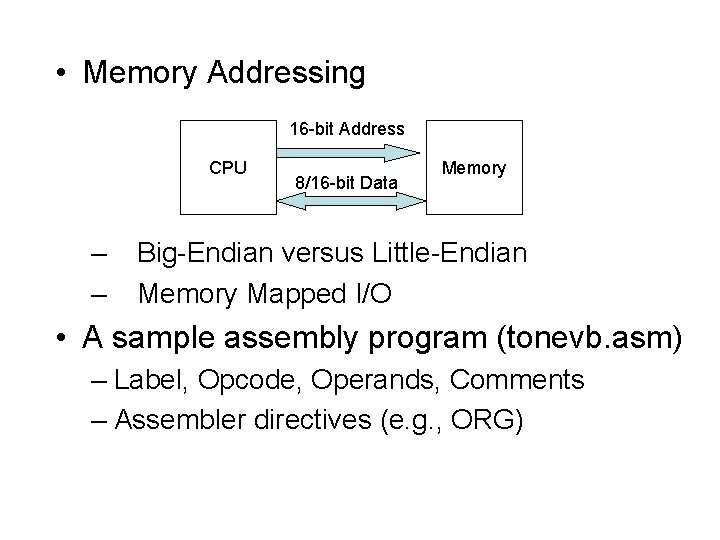  • Memory Addressing 16 -bit Address CPU – – 8/16 -bit Data Memory