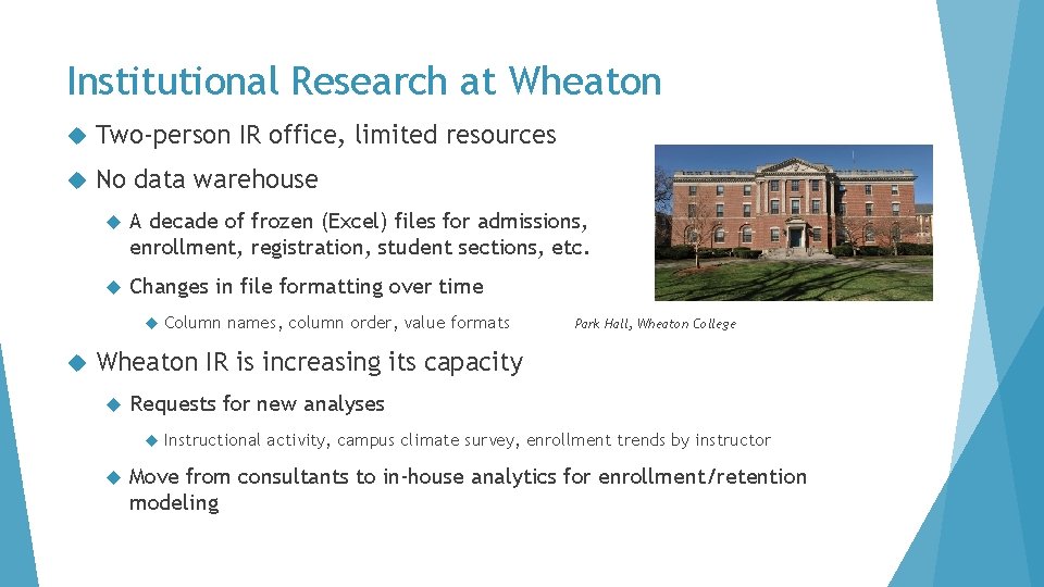 Institutional Research at Wheaton Two-person IR office, limited resources No data warehouse A decade