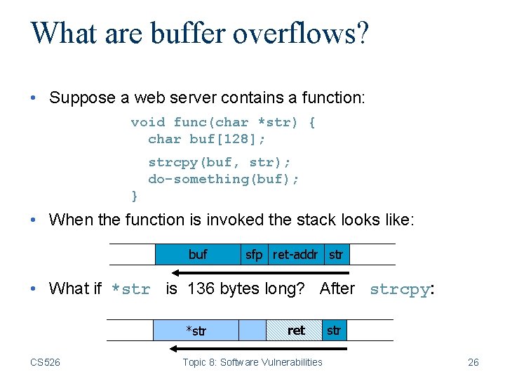 What are buffer overflows? • Suppose a web server contains a function: void func(char