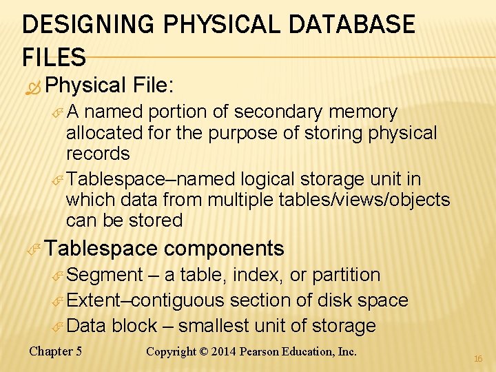 DESIGNING PHYSICAL DATABASE FILES Physical File: A named portion of secondary memory allocated for
