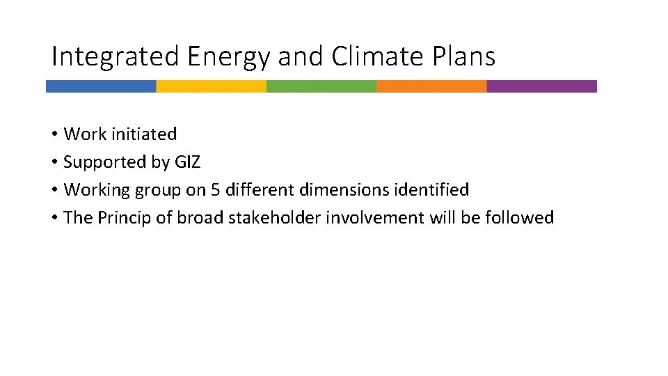 Integrated Energy and Climate Plans • Work initiated • Supported by GIZ • Working