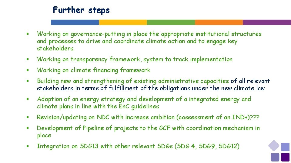 Further steps § Working on governance-putting in place the appropriate institutional structures and processes