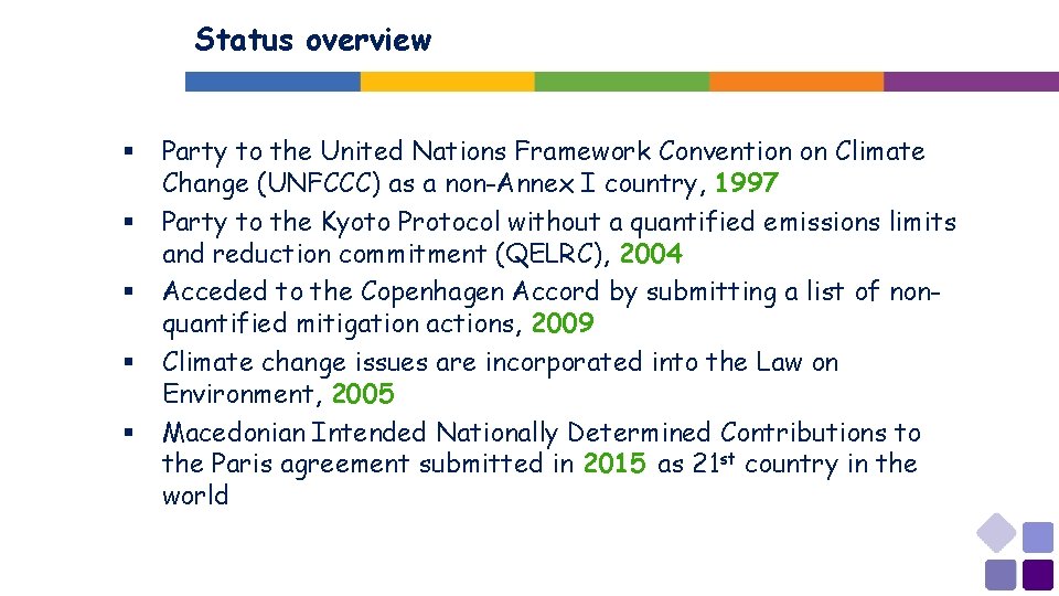 Status overview § § § Party to the United Nations Framework Convention on Climate