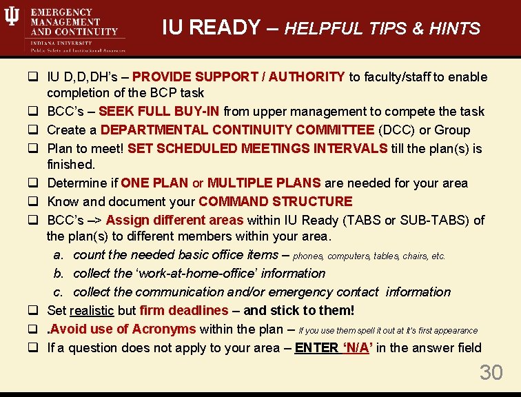 IU READY – HELPFUL TIPS & HINTS q IU D, D, DH’s – PROVIDE