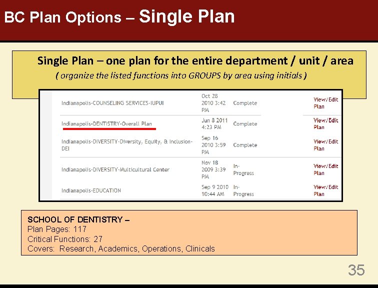 BC Plan Options – Single Plan – one plan for the entire department /