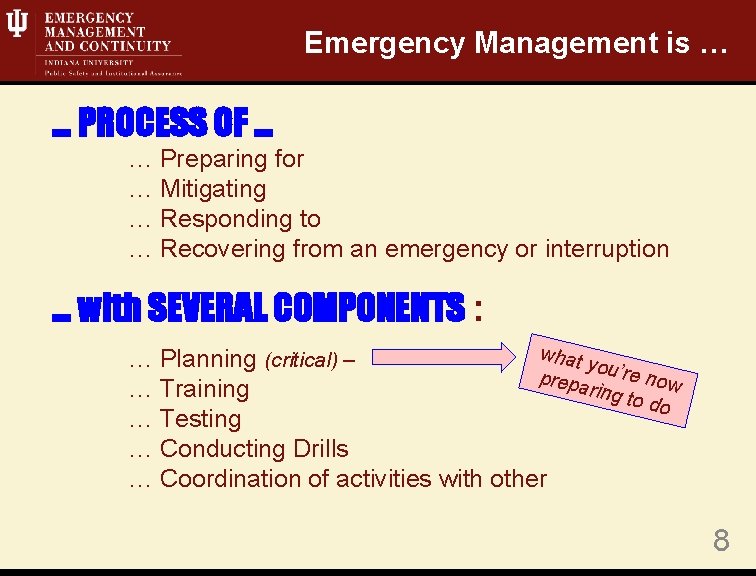 Emergency Management is … … PROCESS OF … … Preparing for … Mitigating …