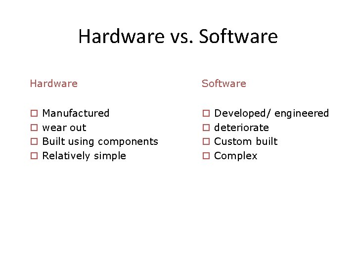 Hardware vs. Software Hardware o o Manufactured wear out Built using components Relatively simple