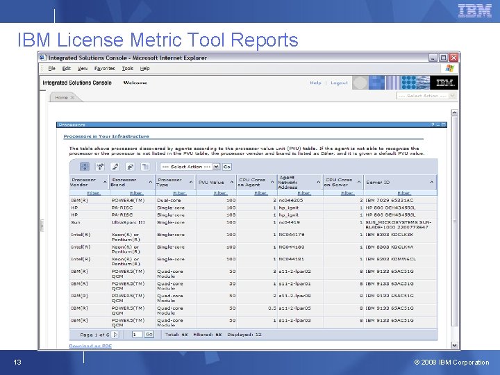 IBM License Metric Tool Reports 13 © 2008 IBM Corporation 