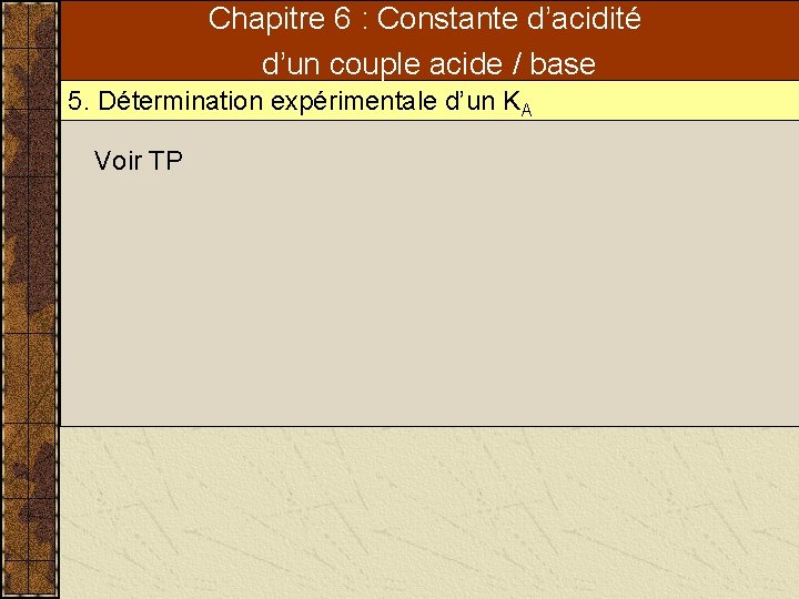 Chapitre 6 : Constante d’acidité d’un couple acide / base 5. Détermination expérimentale d’un