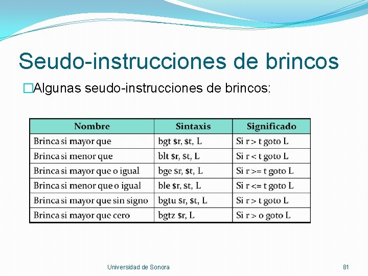 Seudo-instrucciones de brincos �Algunas seudo-instrucciones de brincos: Universidad de Sonora 81 
