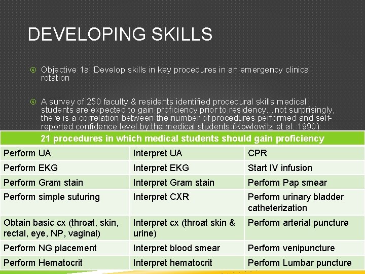 DEVELOPING SKILLS Objective 1 a: Develop skills in key procedures in an emergency clinical