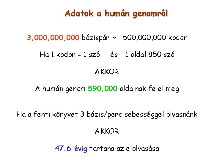 Adatok a humán genomról 3, 000, 000 bázispár ~ 500, 000 kodon Ha 1