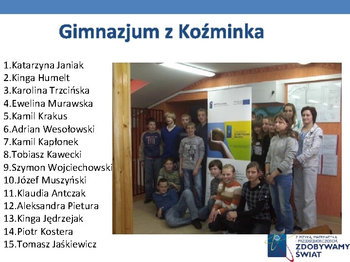Gimnazjum z Koźminka 1. Katarzyna Janiak 2. Kinga Humelt 3. Karolina Trzcińska 4. Ewelina Gimnazjum z Koźminka 1. Katarzyna Janiak 2. Kinga Humelt 3. Karolina Trzcińska 4. Ewelina