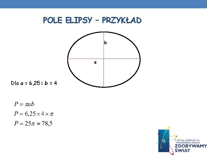 POLE ELIPSY – PRZYKŁAD b a Dla a = 6, 25 i b = POLE ELIPSY – PRZYKŁAD b a Dla a = 6, 25 i b =