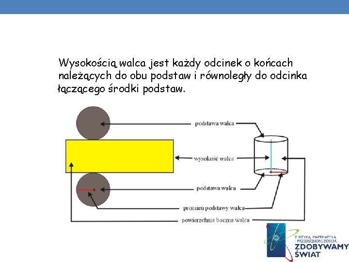 Wysokością walca jest każdy odcinek o końcach należących do obu podstaw i równoległy do