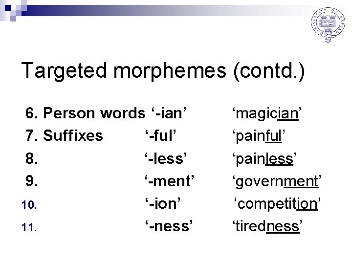 Targeted morphemes (contd. ) 6. Person words ‘-ian’ 7. Suffixes ‘-ful’ 8. ‘-less’ 9.