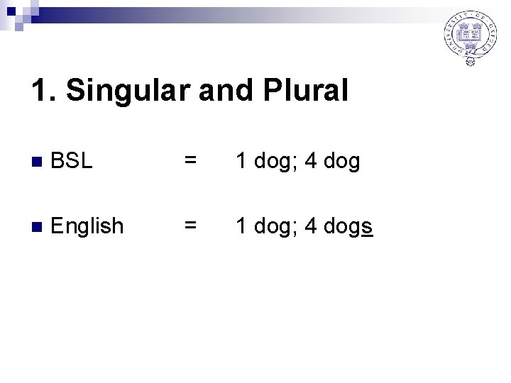 1. Singular and Plural n BSL = 1 dog; 4 dog n English =