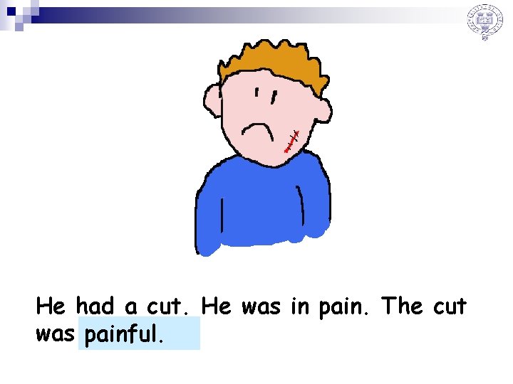 He had a cut. He was in pain. The cut was painful. pain___. 