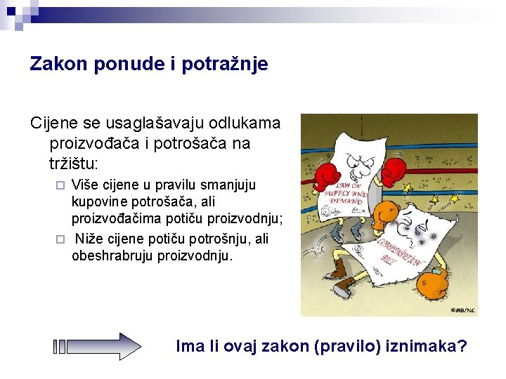 Zakon ponude i potražnje Cijene se usaglašavaju odlukama proizvođača i potrošača na tržištu: Više