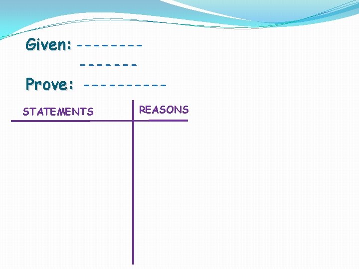 Given: ------Prove: ----- STATEMENTS REASONS 