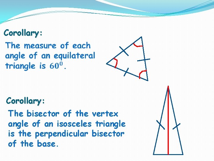 Corollary: The bisector of the vertex angle of an isosceles triangle is the perpendicular