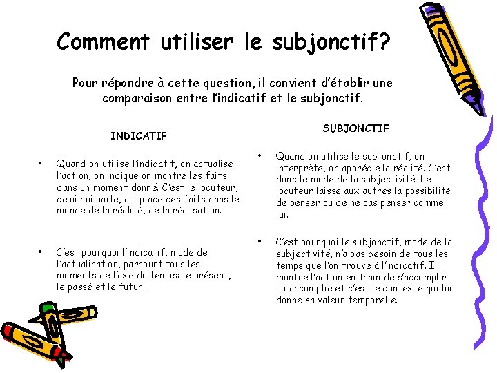 Comment utiliser le subjonctif? Pour répondre à cette question, il convient d’établir une comparaison Comment utiliser le subjonctif? Pour répondre à cette question, il convient d’établir une comparaison