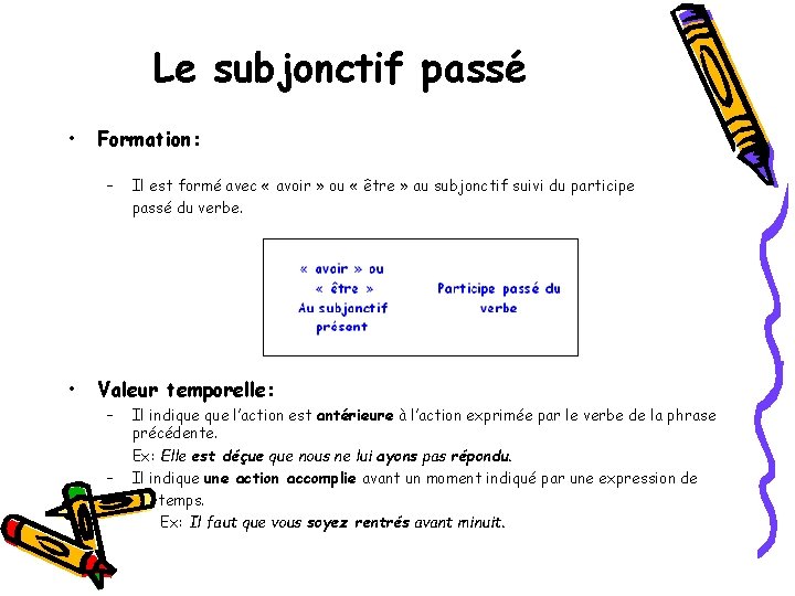 Le subjonctif passé • Formation: – • Il est formé avec « avoir » Le subjonctif passé • Formation: – • Il est formé avec « avoir »