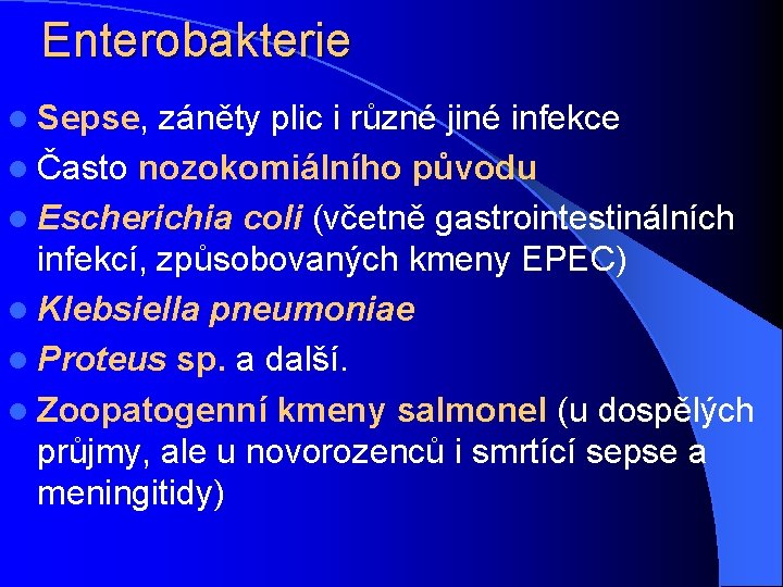 Enterobakterie l Sepse, záněty plic i různé jiné infekce l Často nozokomiálního původu l