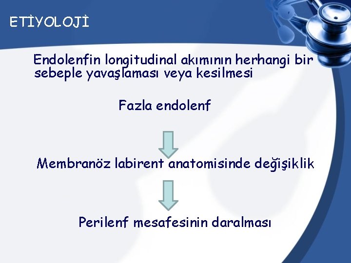 ETİYOLOJİ Endolenfin longitudinal akımının herhangi bir sebeple yavaşlaması veya kesilmesi Fazla endolenf Membranöz labirent