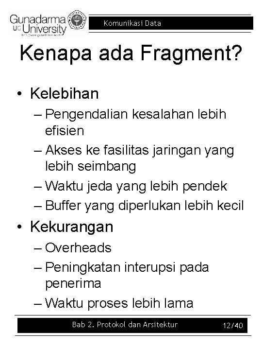 Komunikasi Data Kenapa ada Fragment? • Kelebihan – Pengendalian kesalahan lebih efisien – Akses