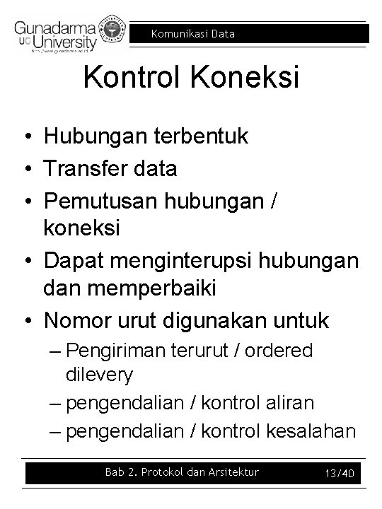 Komunikasi Data Kontrol Koneksi • Hubungan terbentuk • Transfer data • Pemutusan hubungan /