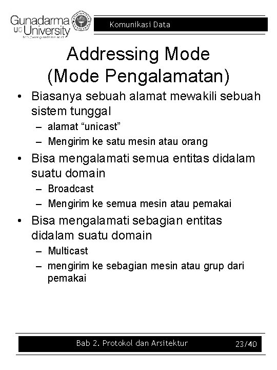 Komunikasi Data Addressing Mode (Mode Pengalamatan) • Biasanya sebuah alamat mewakili sebuah sistem tunggal