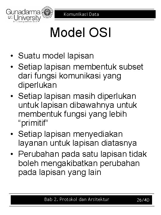 Komunikasi Data Model OSI • Suatu model lapisan • Setiap lapisan membentuk subset dari