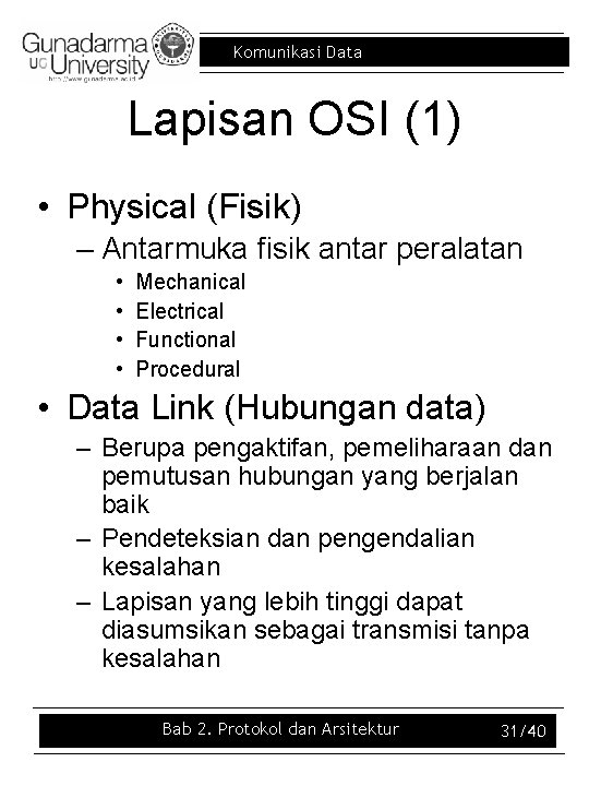 Komunikasi Data Lapisan OSI (1) • Physical (Fisik) – Antarmuka fisik antar peralatan •