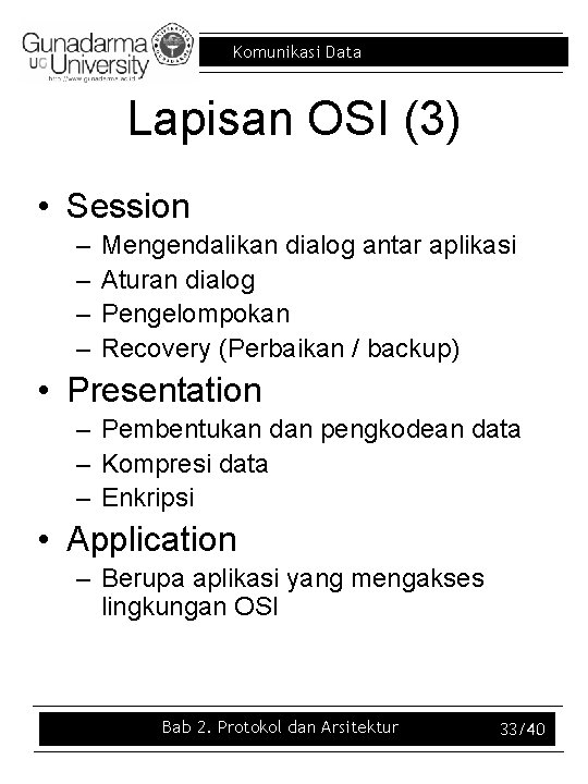 Komunikasi Data Lapisan OSI (3) • Session – – Mengendalikan dialog antar aplikasi Aturan