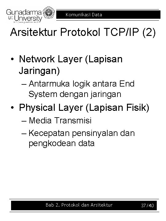 Komunikasi Data Arsitektur Protokol TCP/IP (2) • Network Layer (Lapisan Jaringan) – Antarmuka logik